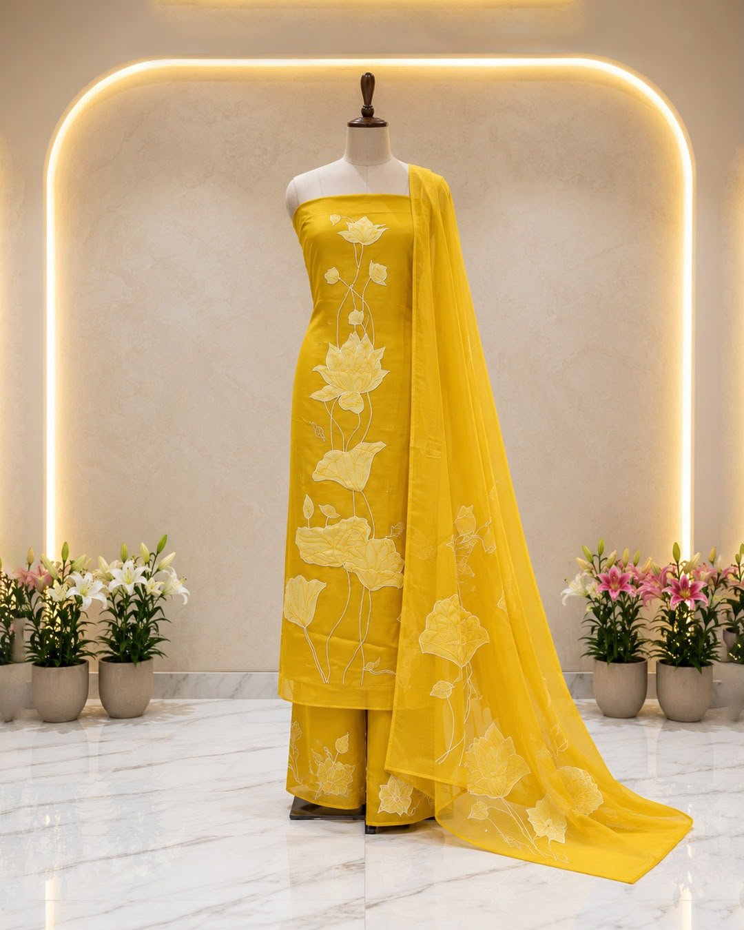 Vibrant Mustard-Yellow Silk Suit — Hand-embroidered Stitched Suits