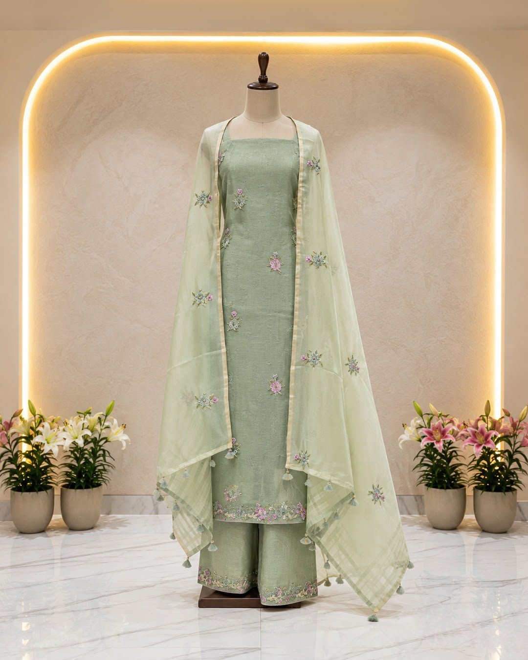 Refreshing Mint-Green Silk Suit — Hand-embroidered Stitched Suits