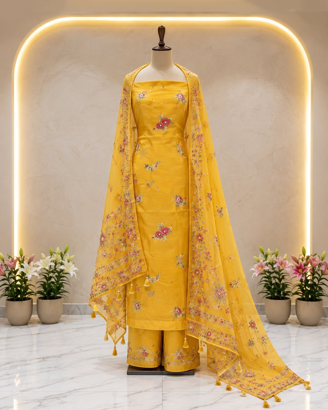Vibrant Mustard-Yellow Silk Suit with floral embroidery — Hand-embroidered Stitched Suits