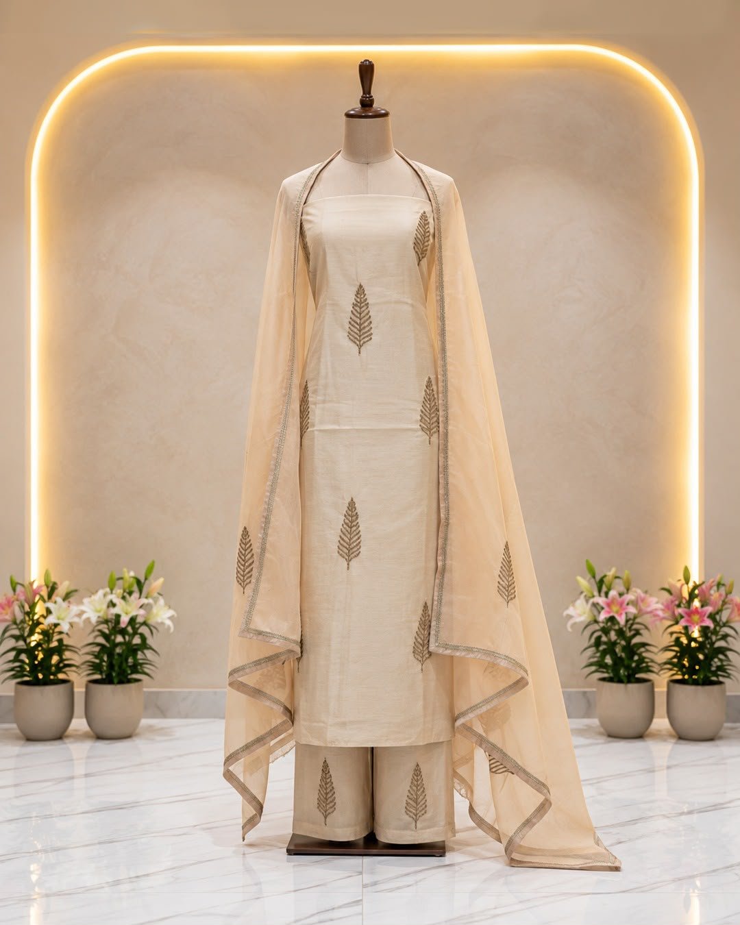 Elegant Ivory Silk Suit — Hand-embroidered Stitched Suits