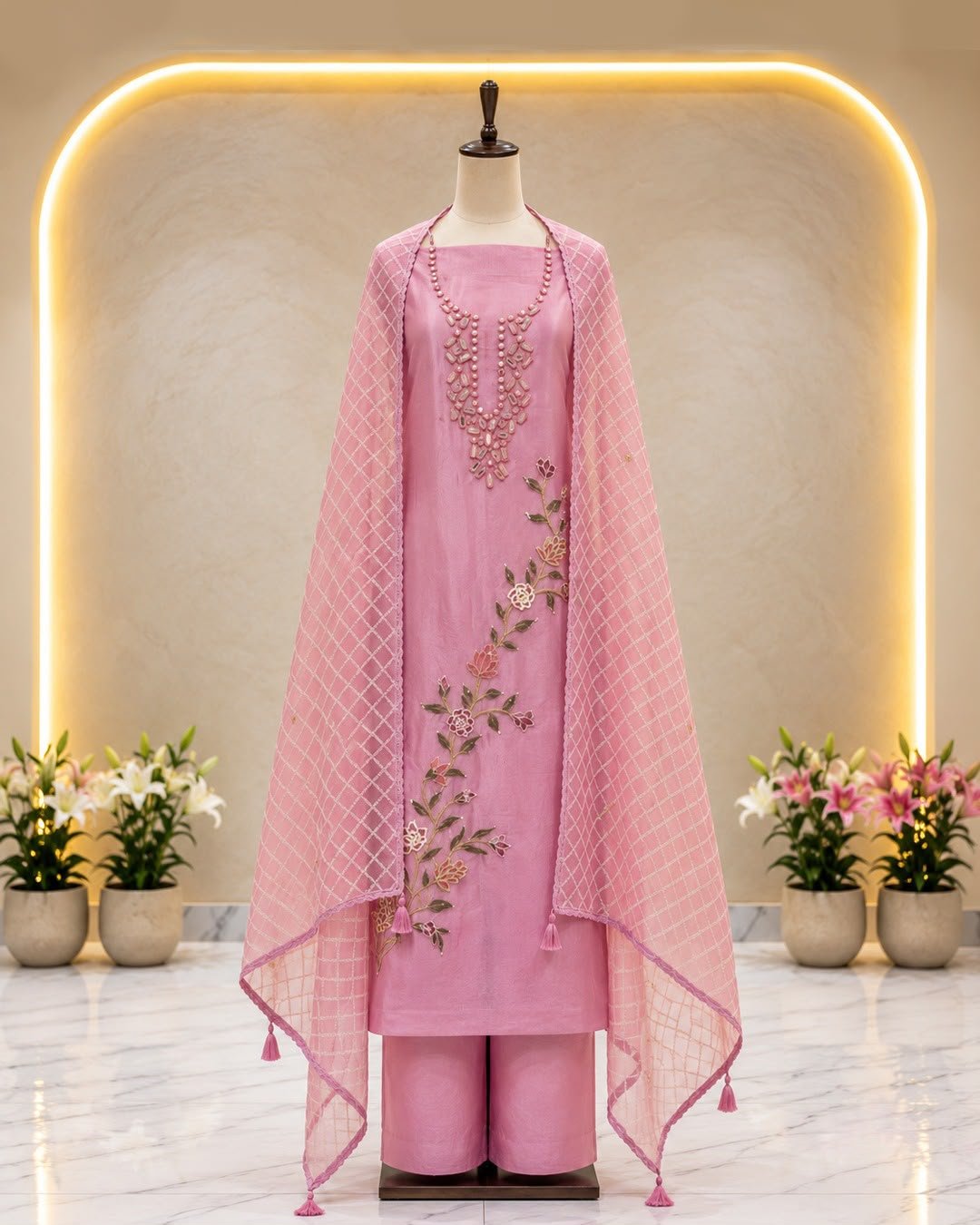 Graceful Lilac Silk Suit — Hand-embroidered Stitched Suits